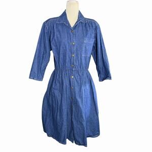 Vtg 80s Ransom Denim Shirt Dress L/S 16 Petite Pockets Western Cowgirl Country